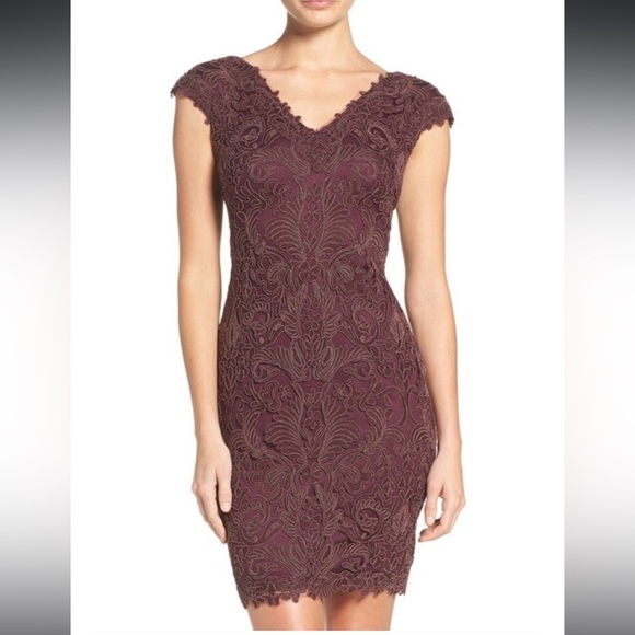NWT Tadashi Shoji Corded Lace V-Neck Tulle Sheath Dress Rosette Pink Woman’s 8 - Picture 3 of 7